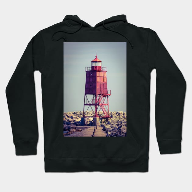 Red Metal Lighthouse Racine Wisconsin Hoodie by Enzwell